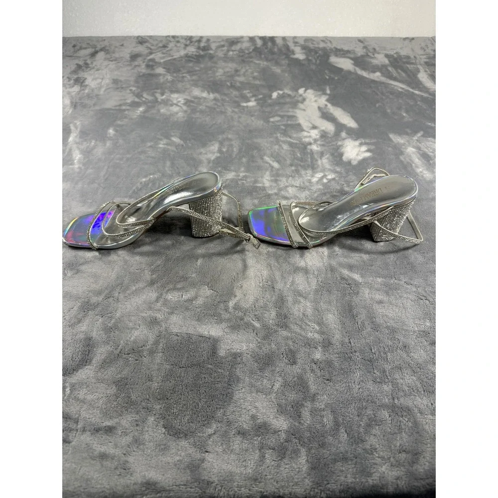 DREAMPAIRS Women Silver Holographic Rhinestone‎ Block Heel Sandals Size 7